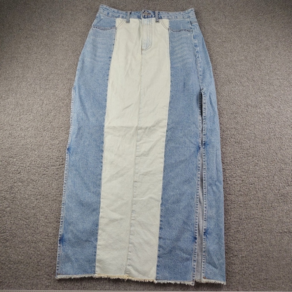 Forever 21 Maxi Denim Skirt Sz Large Colorblock Two Tone Blue 100% Cotton